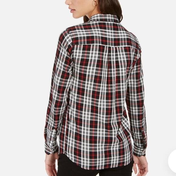 EUC Charter Club Size PL Button Front Plaid Long Sleeve Size Black Red - Picture 2 of 11